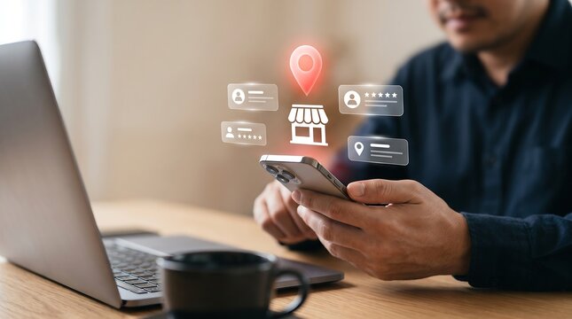 Business professional holding a smartphone displaying a glowing digital storefront map pin and customer rating icons for local business marketing and e-commerce growth