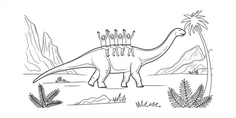 Happy children riding a large dinosaur in a prehistoric landscape with palm trees and mountains for coloring book page © Nayon