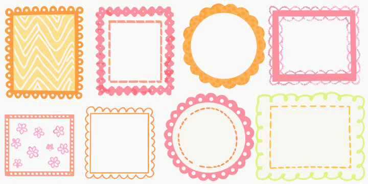 A collection of pastel colored frames with decorative borders is arranged on a light background ornament geometric floral scalloped zigzags rectangles circles squares
