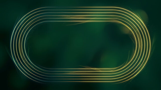 Abstract golden lines form a continuous oval shape that flows across a dark green surface with soft light flares creating a sense of movement and depth for artistic projects and digital display