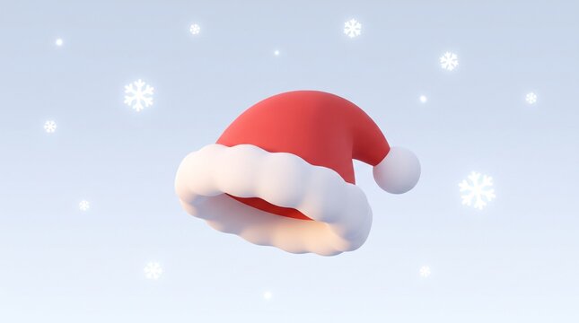 3D Santa Claus hat floating in the air with falling snowflakes on light background