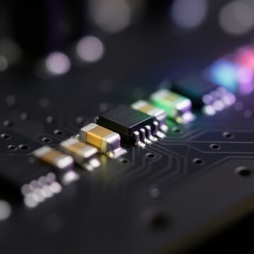 Microchip on circuit board with abstract bokeh lights