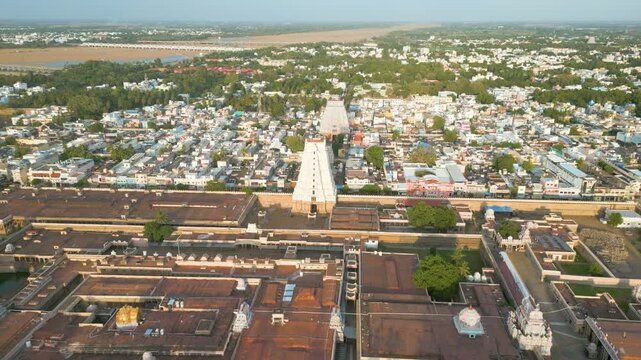 Aerial view of Sri Ranganatha Swamy Temple, The temple is located in Srirangam, Tiruchirappalli, Tamil Nadu, India.