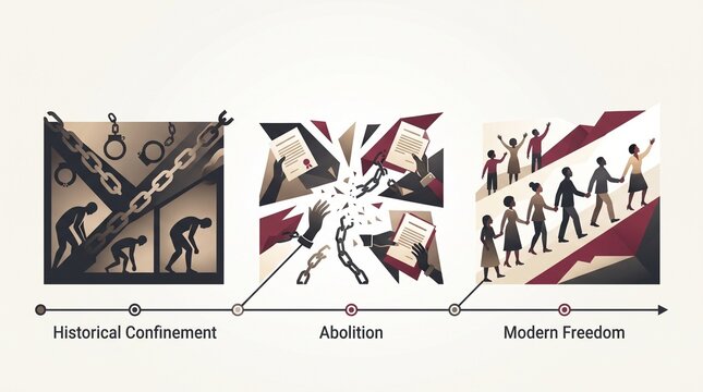 Historical Confinement to Modern Freedom timeline, abolition of slavery concept, human rights progress illustration with broken chains