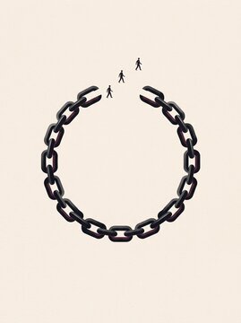 Conceptual broken chain link illustration, people escaping metal shackles, symbol of freedom and liberation from slavery or debt