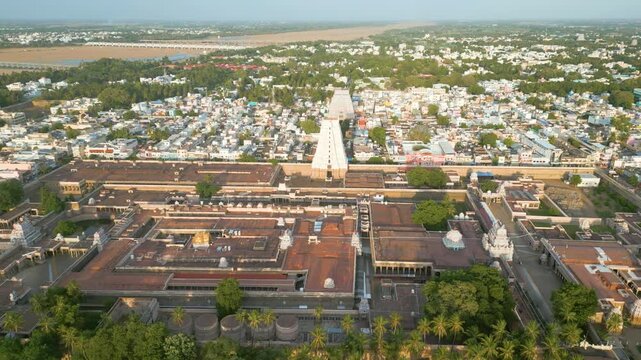 Aerial view of Sri Ranganatha Swamy Temple, The temple is located in Srirangam, Tiruchirappalli, Tamil Nadu, India.
