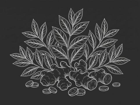 Chalkboard Ginger Roots  Leaves Sketch Drawing.