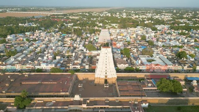 Aerial view of Sri Ranganatha Swamy Temple, The temple is located in Srirangam, Tiruchirappalli, Tamil Nadu, India.
