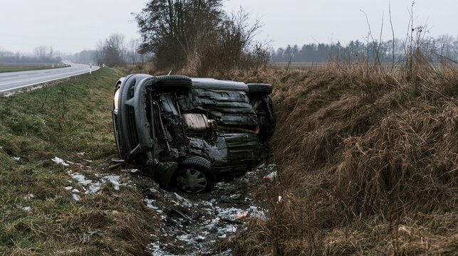 Overturned Vehicle in Roadside Ditch