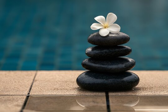 Four smooth spa stones set within a calm poolside setting