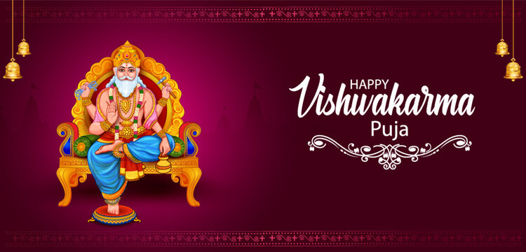 Happy Vishwakarma Puja Greeting Banner with Lord Vishwakarma and Decorative Festival Elements