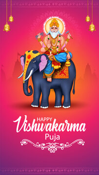 Happy Vishwakarma Puja Greeting Banner with Lord Vishwakarma and Decorative Festival Elements