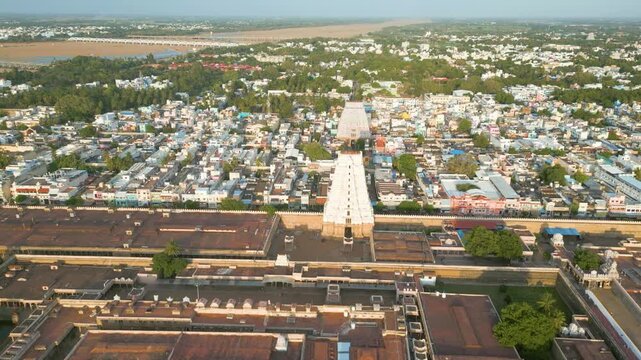 Aerial view of Sri Ranganatha Swamy Temple, The temple is located in Srirangam, Tiruchirappalli, Tamil Nadu, India.