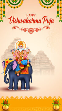 Happy Vishwakarma Puja Greeting Banner with Lord Vishwakarma and Decorative Festival Elements