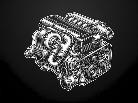 Detailed turbo car engine illus.