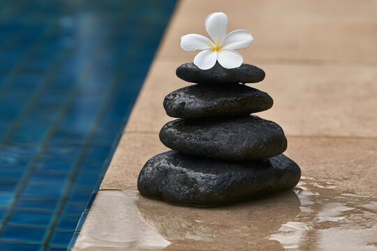 Four smooth spa stones framed by balanced pebbles topped with a flower