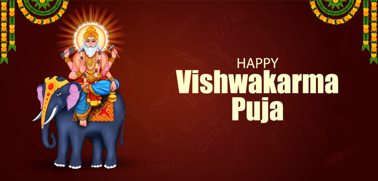 Happy Vishwakarma Puja Greeting Banner with Lord Vishwakarma and Decorative Festival Elements