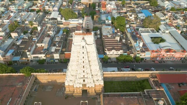 Aerial view of Sri Ranganatha Swamy Temple, The temple is located in Srirangam, Tiruchirappalli, Tamil Nadu, India.