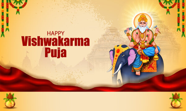 Happy Vishwakarma Puja Greeting Banner with Lord Vishwakarma and Decorative Festival Elements