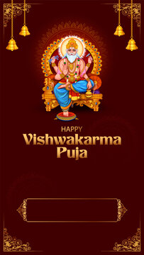 Happy Vishwakarma Puja Greeting Banner with Lord Vishwakarma and Decorative Festival Elements