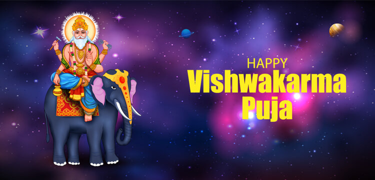 Happy Vishwakarma Puja Greeting Banner with Lord Vishwakarma and Decorative Festival Elements