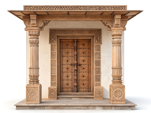 Indian heritage doorway with decorative geometric lintel, symmetrical wooden doors, sandstone columns, muted terracotta palette
