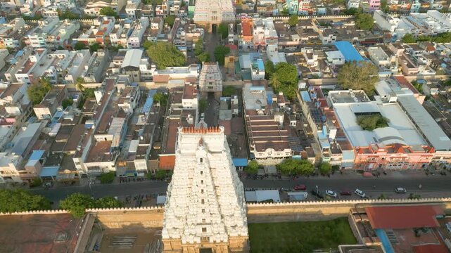 Aerial view of Sri Ranganatha Swamy Temple, The temple is located in Srirangam, Tiruchirappalli, Tamil Nadu, India.