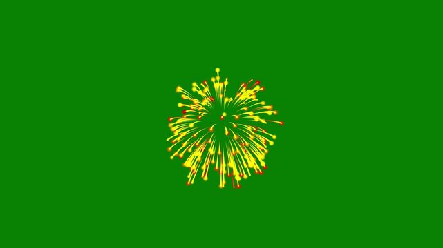 Golden fireworks animation with sparkling bursts and radiant particles isolated on a green background for celebration visuals