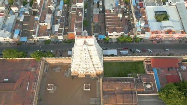 Aerial view of Sri Ranganatha Swamy Temple, The temple is located in Srirangam, Tiruchirappalli, Tamil Nadu, India.