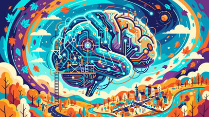Fototapeta premium Abstract illustration of a digital cybernetic brain with circuit boards floating above a autumn landscape