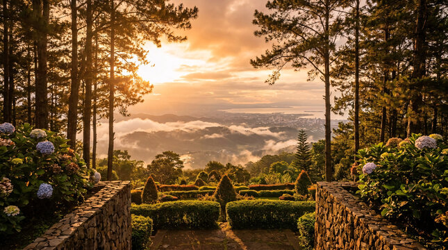  Scenic mountain garden overlooking a coastal city and bay during a dramatic golden sunset above misty hills.