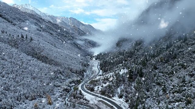 Snowfall in China, Aerial shots of road and landscape covered by snow in winter.