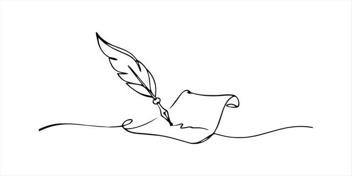 Continuous single line drawing of a vintage feather quill pen writing on a piece of rolled paper parchment