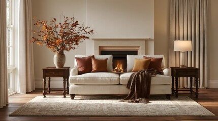 Obraz premium Cozy living room interior with fireplace, white sofa, autumn branches, and warm lighting