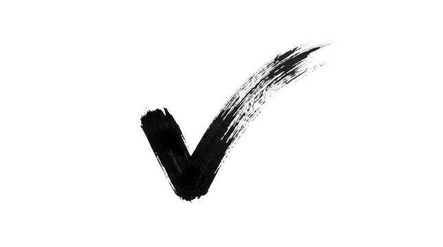 Handwritten checkmark symbol, artistic black ink brush stroke tick mark, custom graphic design element for business approval isolated on transparent background