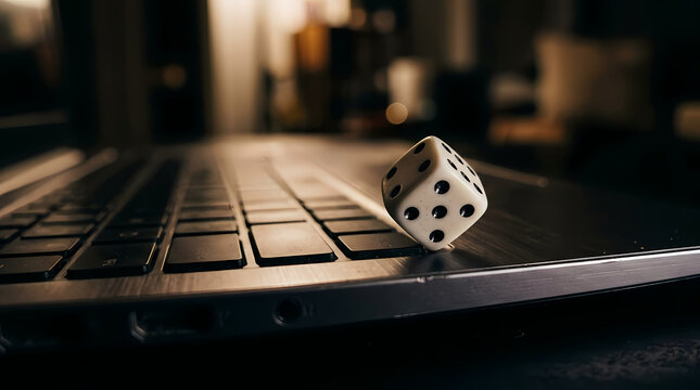 Small white dice resting upon a keyboard in a dim office setting representing digital risk and taking a chance with online gaming platforms where players decide their luck with random outcomes