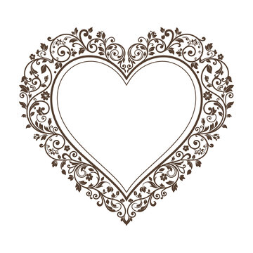 Elegant vintage heart shaped frame with intricate floral lace border design isolated on white
