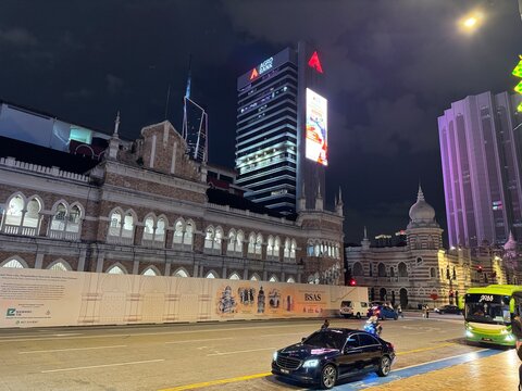Sultan Abdul Samad Building clock tower and Merdeka 118 at night, Kuala Lumpur, Malaysia, Malaysia