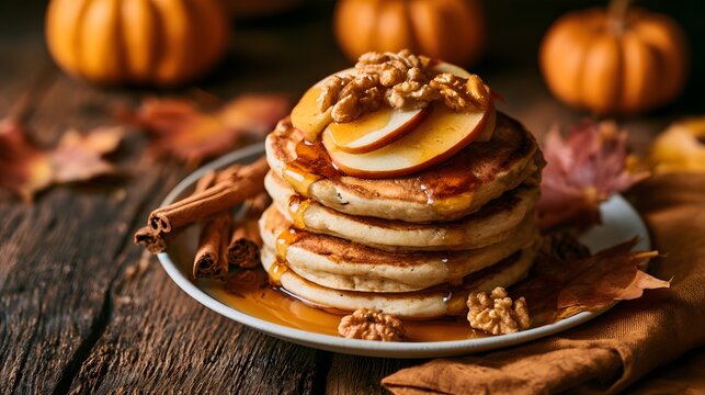 Autumn breakfast pancakes topped with apple slices, walnuts, and syrup on a rustic wooden table with pumpkins