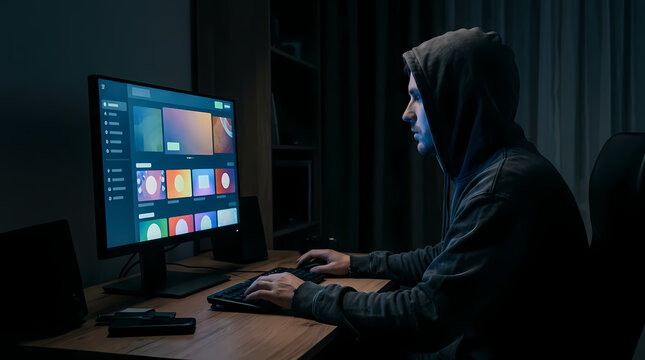 A young male person wearing a hoodie sits in a dark room using a computer to access digital files while working late at night during a focused session of software development and system