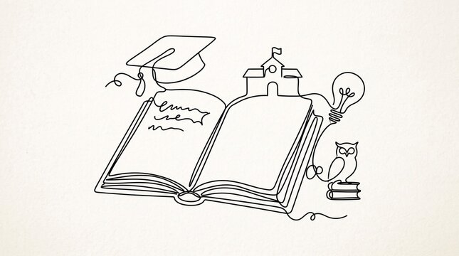 a minimalist flat vector illustration of a continuous line open book and education learning concept