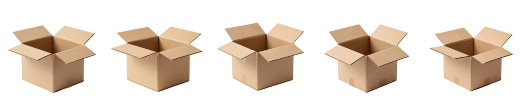Five open cardboard boxes are displayed in a horizontal row on a black background