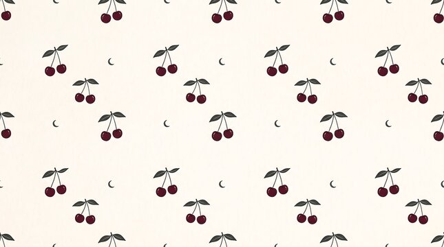 Vintage cherry pattern on cream background, hand drawn fruit illustration, retro seamless cherry wallpaper for textile design
