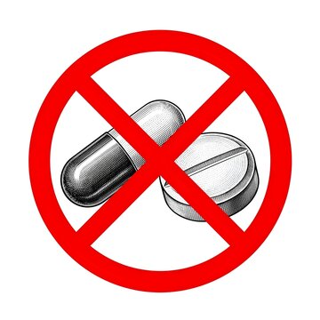 Red prohibition symbol placed over scattered black and white pills and tablets, communicating a medication ban, anti-drug warning, prescription misuse prevention, health safety message
