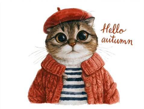 cute watercolor kitten portrait wearing red beret hat knitted sweater and striped shirt with hello autumn typography text phrase isolated on white background autumn fashion animal illustration