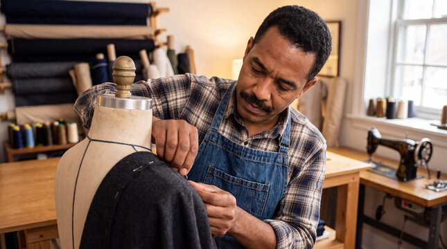 Mature male tailor working on bespoke suit jacket, fitting fabric to a mannequin in his small business workshop