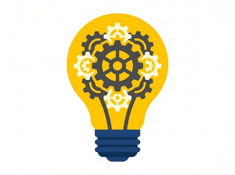 Yellow lightbulb illustration with interconnected mechanical gears inside