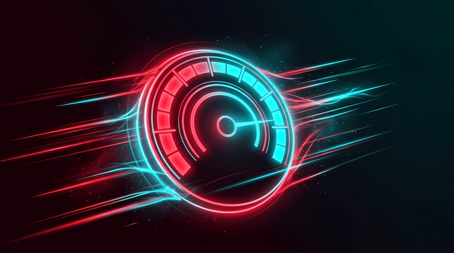 Neon glowing speedometer indicator showing rapid acceleration with vibrant red and cyan light streaks representing high velocity performance for automotive engineering and digital transportation