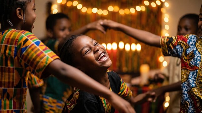 Women dancing together at festive indoor celebration with warm string lights
