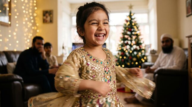 Child dancing joyfully in decorated living room during holiday celebration